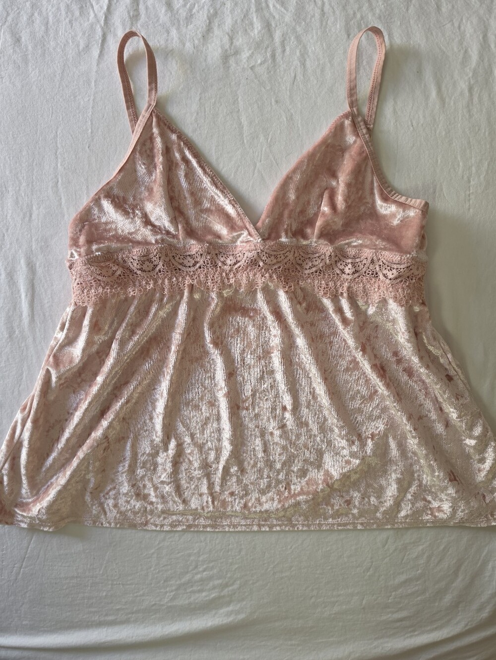 Jessica Simpson Crushed Velvet Cami Tank Top Women's L Pink Lace Trim Babydoll